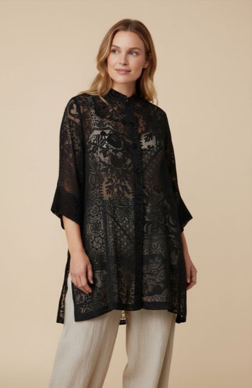Citron Santa Monica Silk Burnout Velvet Tunic sz 1X Black Button Up Floral BOHO